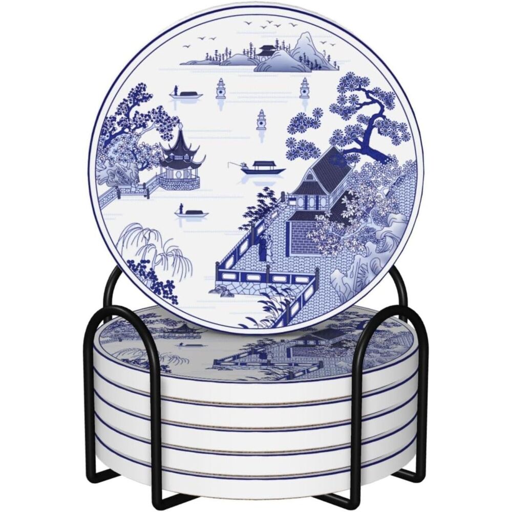 White and Blue Ancient China Porcelain Ceramic Coasters with Holder